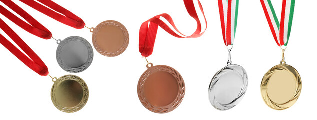 Gold, silver and bronze medals isolated on white, set
