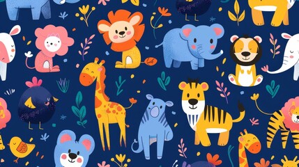Colorful cartoon animals pattern on a blue background