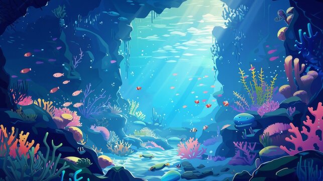Cartoon underwater adventure with divers and fish