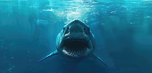 a huge white shark swimming under the blue ocean, mouth open and teeth showing