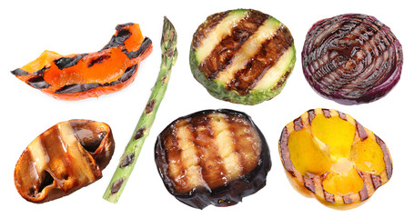 Different grilled vegetables isolated on white, set