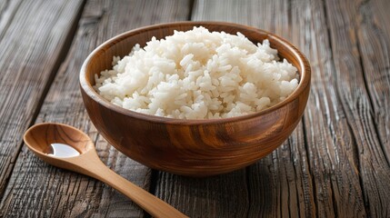 A wooden bowl filled with rice sits next to a wooden spoon on a table. Generative AI