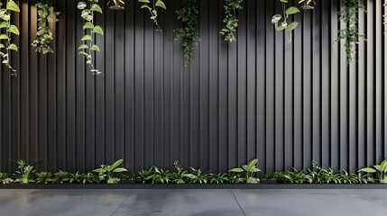 Black wall with vertical slats, hanging plants, gray floor, modern interior design background
