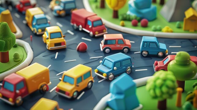 Playful cartoon cars and trucks on a road background