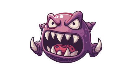 A fierce illustration of a cartoon monster is depicted against a white background. The monster has a round, purple body with small horns, large sharp teeth, and claws.