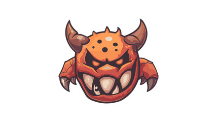 An illustration of a menacing orange monster with large fangs, sharp horns, and multiple black spots on its head. The monster has an aggressive expression with fierce eyes and a wide mouth.