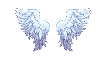 An illustration of a pair of angelic wings, featuring soft white feathers that transition into light purple at the tips. The wings are spread out symmetrically against a white background