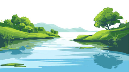 A serene landscape illustration features a calm river flowing through lush green hills, with trees and vegetation along the banks. 