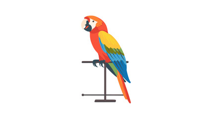 A colorful illustration of a parrot perched on a stand. The bird features vibrant red, yellow, and blue feathers with a distinctive white and black facial pattern.