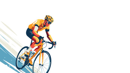 A dynamic illustration of a cyclist in motion, wearing a yellow jersey and helmet, riding a racing bicycle. The background features abstract blue and white streaks, emphasizing speed and movement. 