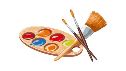 An illustration of an artist's palette with vibrant paint colors and three brushes. The palette holds red, orange, blue, green, and brown paints, while the brushes vary in size and shape. 