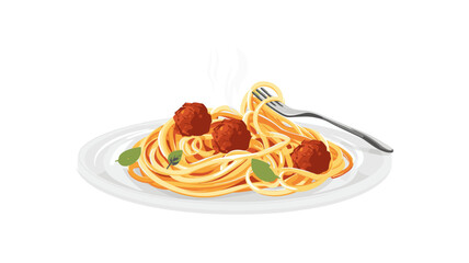 An appetizing illustration of a plate of spaghetti with meatballs is shown against a white background. The steaming pasta is elegantly twirled with a fork, garnished with fresh basil leaves.