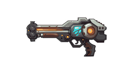 A futuristic sci-fi blaster is depicted against a white background. The weapon features a sleek design with metallic gray and bronze elements, an illuminated blue energy core, and intricate mechanical