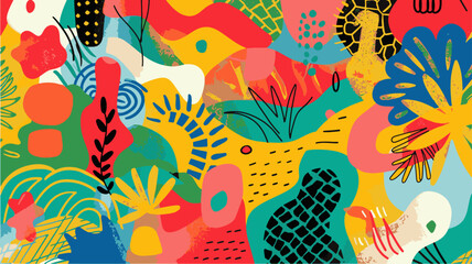 A vibrant and colorful abstract illustration featuring a variety of organic shapes, patterns, and textures.