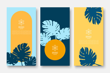 Bright summer design of covers, branded packaging, vouchers and promotions with monstera leaves. Vector background in yellow and blue tones in the theme of vacation, sea, travel.