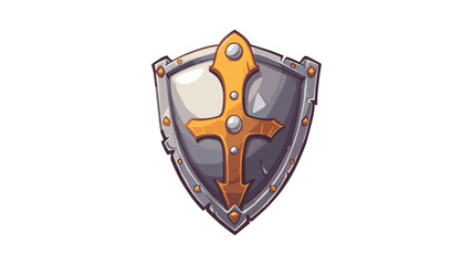 A stylized medieval shield is centered against a white background. The shield features a prominent golden cross design with metallic studs and a silver-gray border.