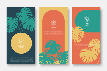 Bright summer design of covers, branded packaging, vouchers and promotions with monstera leaves. Vector background in orange, green and yellow tones in the theme of hot summer or holiday.