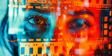 Close-up of Eyes with Digital Overlay and Colorful Reflections