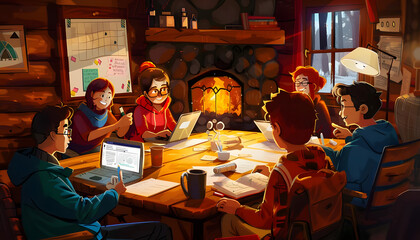 Clipart of a team meeting in a cozy cabin brainstorming with laptops and whiteboards by a crackling Generative AI - Powered by Adobe