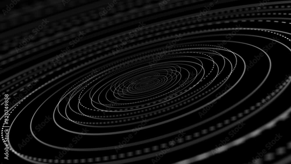 Poster seamless black and white bright glowing repeating pulsing rings from center on black background loop
