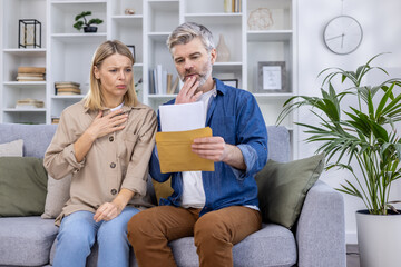 Worried couple reading a letter with concerning news while sitting on a couch in their living room...