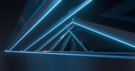 Abstract geometric pattern of glowing blue neon squares in dark background 3d rendering
