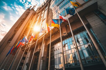 Brus building Parliament European front waving flags 