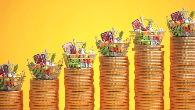 Growth of food sales, growth of market basket, inflation. Shopping basket with foods on coin stacks