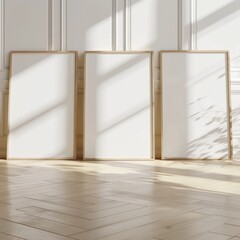 Three Blank Frames Mockup in Elegant Sunlit Room