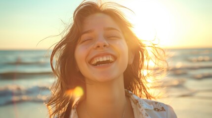 Joyful woman laughing at sunset on a beach in summer.