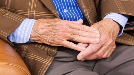 A man with a hand on her knee. Hand pain , arthritis.