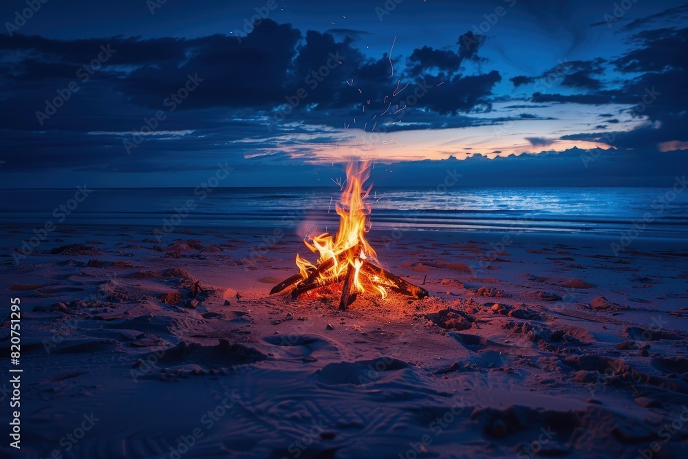 Wall mural a campfire on a sandy beach at night