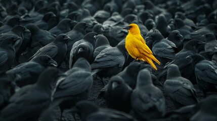 Bright yellow bird standing out amongst black birds in crowded natural habitat during daytime.