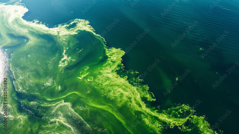 Wall mural A massive algae bloom in the lake creates a flowing, organic pattern with vibrant greens and blues. Landscapes illustration, aerial view