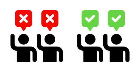 Group of two people with difference survey answer icons. Democracy vote decision. Yes or no choice symbol. Opposition debate argument concept.