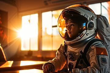 Child In Astronaut Space Suit Inside School Classroom Aspiring Future Career Job Occupation Concept