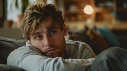 Pensive young man resting on couch, contemplative mood in cozy room