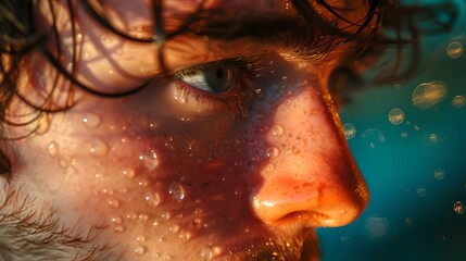Intense young man's face close-up with water droplets and fiery sunset glow
