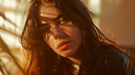 Contemplative woman bathed in golden hour light, introspective gaze