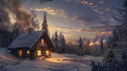 Idyllic winter cabin at dusk with snowy landscape and warm glowing lights - Powered by Adobe