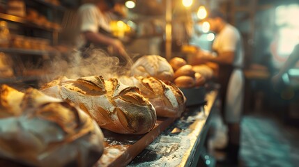 Freshly baked artisan bread on wooden table at rustic bakery