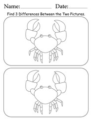 Crab Puzzle. Printable Activity Page for Kids. Educational Resources for School for Kids. Kids Activity Worksheet. Find Differences Between 2 Shapes