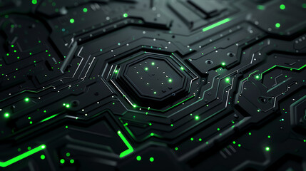 Sleek black design intersected by ecofriendly security icon, copy space, ecotechnology theme, realistic, manipulation, green innovation hub backdrop