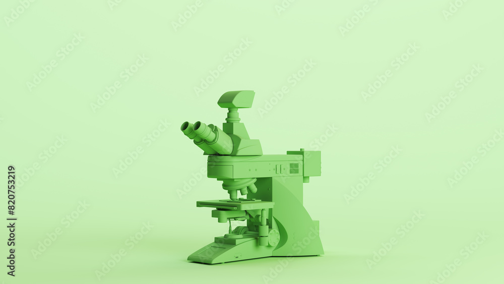 Wall mural Green microscope science laboratory lab equipment research soft tones mint background quarter view 3d illustration render digital rendering