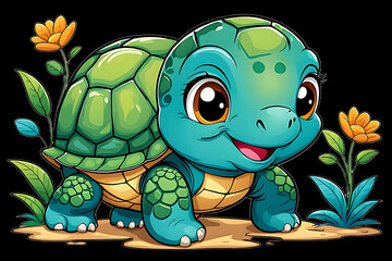 Fototapeta premium High-quality color illustration of a cute, fun, and smiling little cartoon turtle on a white background, perfect for a kids' coloring book cover
