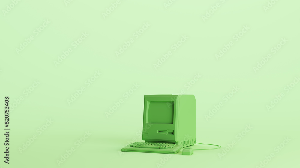 Poster green computer vintage desktop keyboard technology monitor soft tones mint background left view 3d i