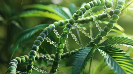 Fototapeta premium A detailed close-up of a cannabis leaf and DNA strand interwoven, symbolizing genetic research and personalized medicine