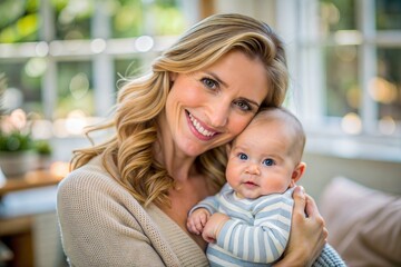 Mother and Child – 3:2 Ratio: A heartwarming portrait of a mother holding her baby, both smiling, set in a cozy home environment, suitable for family and parenting themes.
