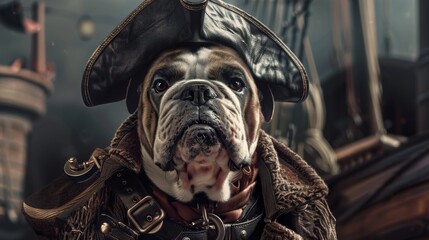 A proud and confident steampunk Bulldog dog posing as a boss pirate, dressed in a tough human gangster outfit