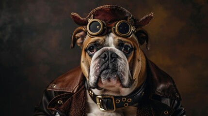 A steampunk Bulldog dog in a masculine gangster pirate costume, exuding charisma and pride